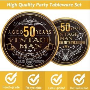 NWOT (24) Party Plates Napkins Aged 50 Years Vintage Man Black Gold Birthday